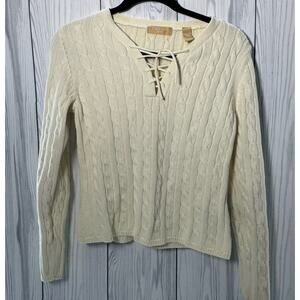 Y2K Kate Hill Petite Medium Cable Knit Cream Neck Tie Sweater